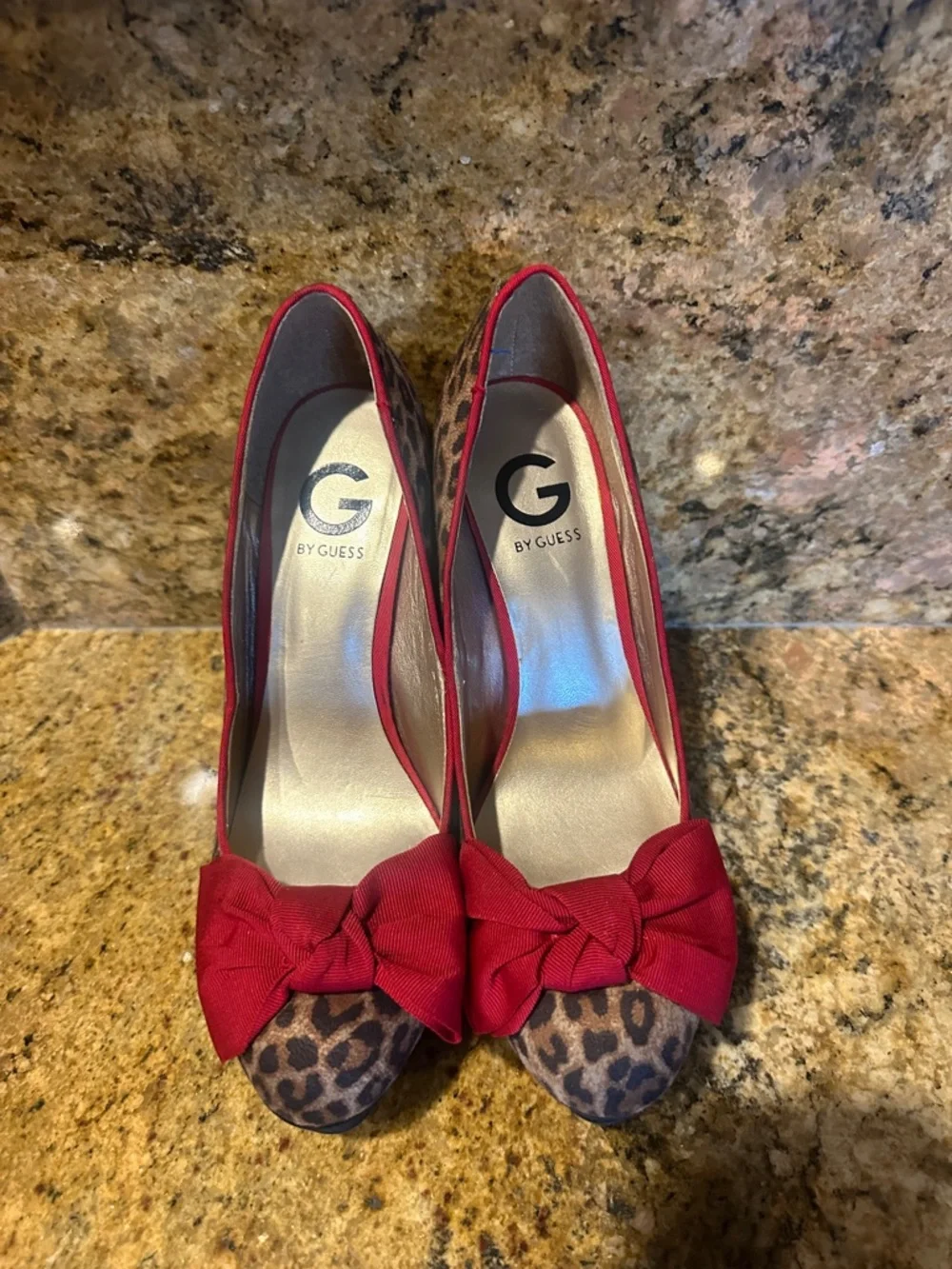 Guess Leopard Print Platform Pumps with Red Trim and Bow